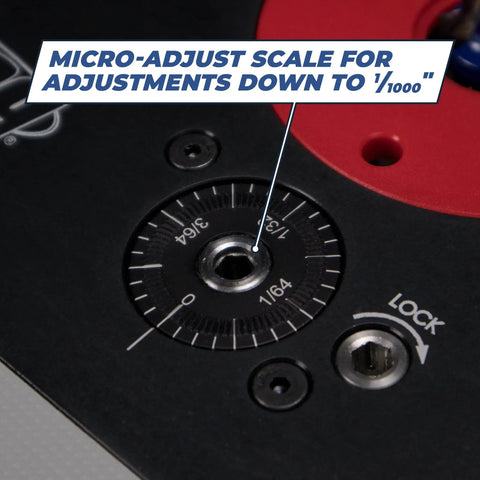 Pro Grade Heavy Duty Pocket Hole Jig For Woodworkers showing micro-adjust scale for precise drill press adjustments.