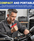 Man using Two-Piece T-Handle Exhaust Spring Puller Set on motorcycle engine, featuring red T-handle tool for easy removal.