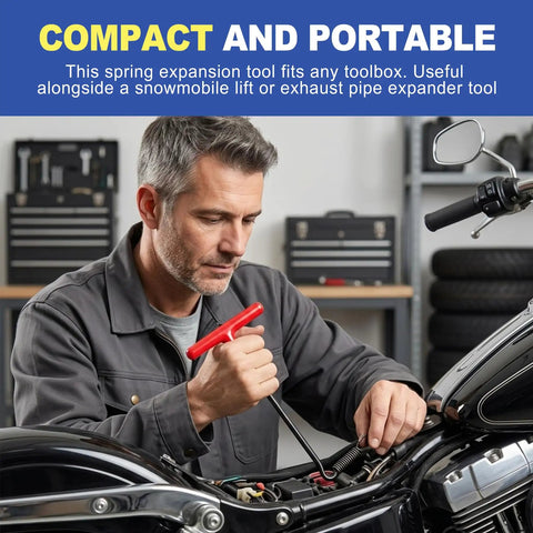 Man using Two-Piece T-Handle Exhaust Spring Puller Set on motorcycle engine, featuring red T-handle tool for easy removal.