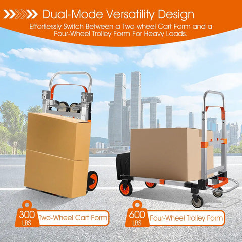 3 In 1 Folding Hand Truck Dolly Cart With Wheels Built Tough Heavy Duty Aluminum Collapsible Moving Cart 600 Lbs Capacity Convertible Dolly in two modes