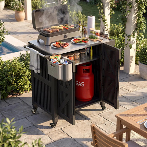 Outdoor Grill Cart With Stainless Steel Top, Rolling Utility Station, 2 Tier Storage Cabinet, Outdoor Kitchen Island Prep Table