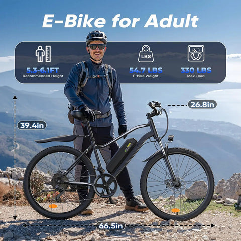 Adult standing with Powerful 1500W Peak Electric Bike For Adults With 80 Mile Range, 20 MPH, 26 Inch Tires on mountain trail