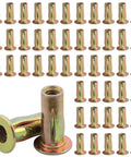 Beefy 50 Pack Multi Grip Rivet Nut Kit With 5/16-18 Steel Rivet Nuts showing gold zinc plated threaded inserts in row
