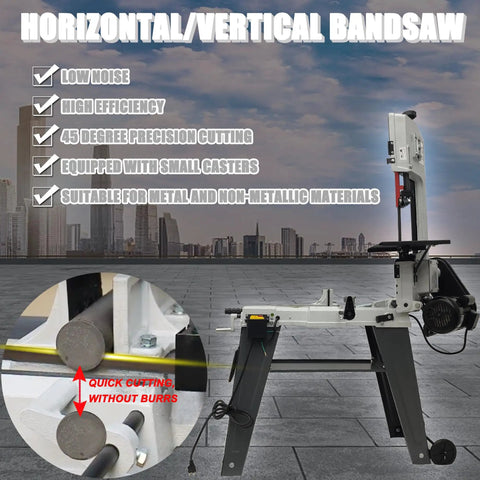 Heavy Duty Benchtop Horizontal Vertical Bandsaw, 110V 1/2HP Metal Cutting Saw with adjustable guides and small casters.