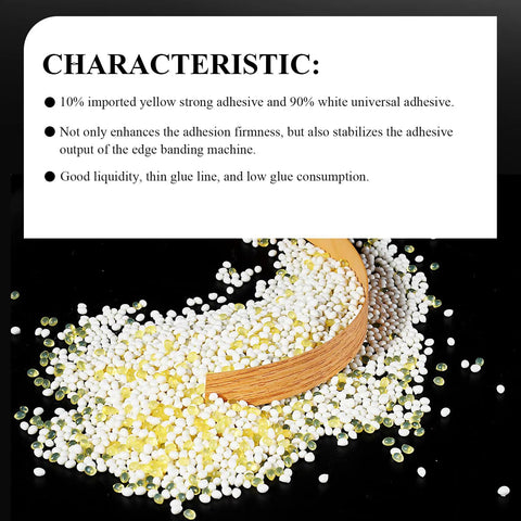 No Nonsense Heavy Duty Hot Melt Edgebander Glue 11 Lb High Viscosity Adhesive Pellets in white and yellow with wood scoop