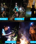 Collage of activities with Ultra Bright LED Rechargeable Headlamp With 6 Modes IPX5 Weatherproof Motion Sensor for night adventures.