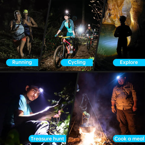Collage of activities with Ultra Bright LED Rechargeable Headlamp With 6 Modes IPX5 Weatherproof Motion Sensor for night adventures.