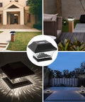 Solar Post Cap Lights Outdoor 4 Pack For 4x4 And 5x5 Wooden Posts With Warm White LED Waterproof Post Lights For Deck Patio Garden And Fence Decor No Fuss Easy DIY Install Fits 5.15 Inch Square Posts shown illuminating various outdoor settings