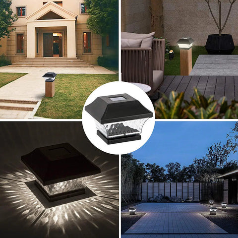 Solar Post Cap Lights Outdoor 4 Pack For 4x4 And 5x5 Wooden Posts With Warm White LED Waterproof Post Lights For Deck Patio Garden And Fence Decor No Fuss Easy DIY Install Fits 5.15 Inch Square Posts shown illuminating various outdoor settings