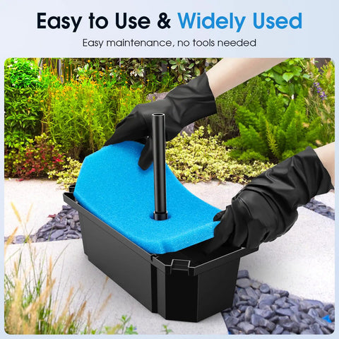 Hands inserting filter media into pond filter box, showing easy setup of All In One Pond Filter With Pump And Fountain Kit 660GPH 40W