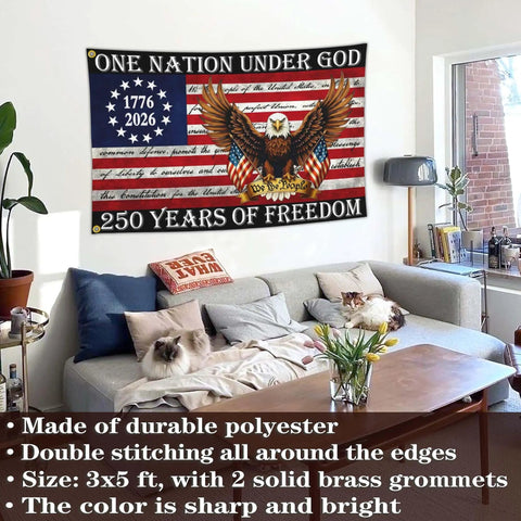 Patriotic 250th Anniversary USA Flag 3x5 Ft Double Sided Outdoor Banner Durable 3 Ply Polyester Yard Flag For 4th Of July And Outdoor Decorations For Home Yard Displays hanging on wall above couch