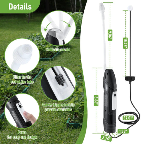 Product features of Battery Powered Sprayer Wand With Holster, Foldable Nozzle, Fits 38mm Cap 1 Gallon Jugs, shown with specs