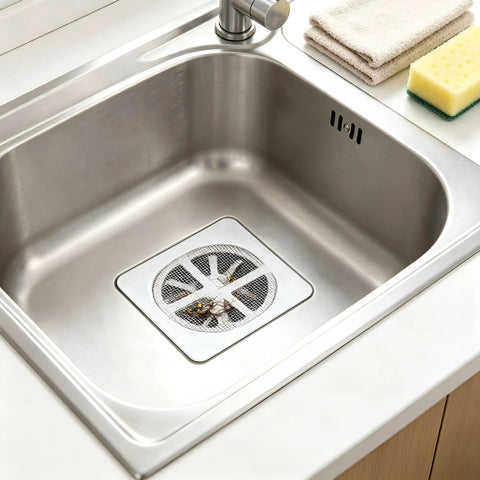 Hair Drain Stickers Disposable Hair Catcher for Shower Drain in shiny stainless steel sink with hair trapped.
