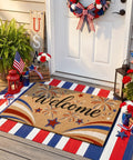 Patriotic 4th Of July Door Mat With Red White Blue Fireworks Design Welcome Mat With Heavy Duty Backing Faux Coco Coir Doormat.