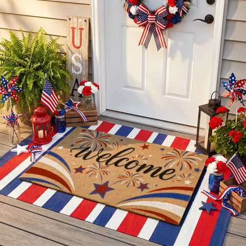 Patriotic 4th Of July Door Mat With Red White Blue Fireworks Design Welcome Mat With Heavy Duty Backing Faux Coco Coir Doormat.