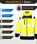 Hi Viz Reflective Safety Jacket For Work ANSI OSHA Class 3 Water Resistant Gear Limited Edition Pattern Yellow Large with detachable hood