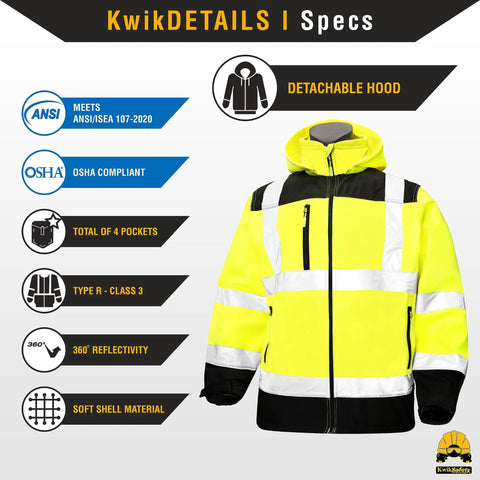 Hi Viz Reflective Safety Jacket For Work ANSI OSHA Class 3 Water Resistant Gear Limited Edition Pattern Yellow Large with detachable hood