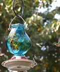 Hand Blown Glass Hummingbird Feeder With Ant Moat And Bee Proof Ports For Outdoor Hanging Leak Proof 360 Degree Perch 22 Ounce Blue