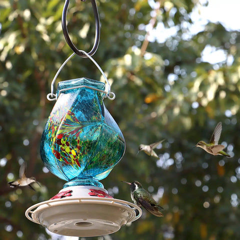 Hand Blown Glass Hummingbird Feeder With Ant Moat And Bee Proof Ports For Outdoor Hanging Leak Proof 360 Degree Perch 22 Ounce Blue