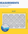 MERV 13 Allergen Fighter Air Filter 16x25x1 detailed size chart, actual size 15.75 x 24.75 x 0.75, rectangle shape, white