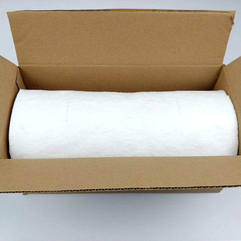 Front view of white ceramic fiber insulation blanket, 1 in thick x 16 in x 48 in, rolled in a cardboard box