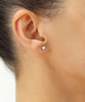 Shiny 14k White Gold Ball Stud Earrings With Secure Butterfly Pushbacks, 4mm Classic Round Studs, High Polish Finish, Everyday Sparkle Jewelry For Ears, Hypoallergenic Post And Backing on ear