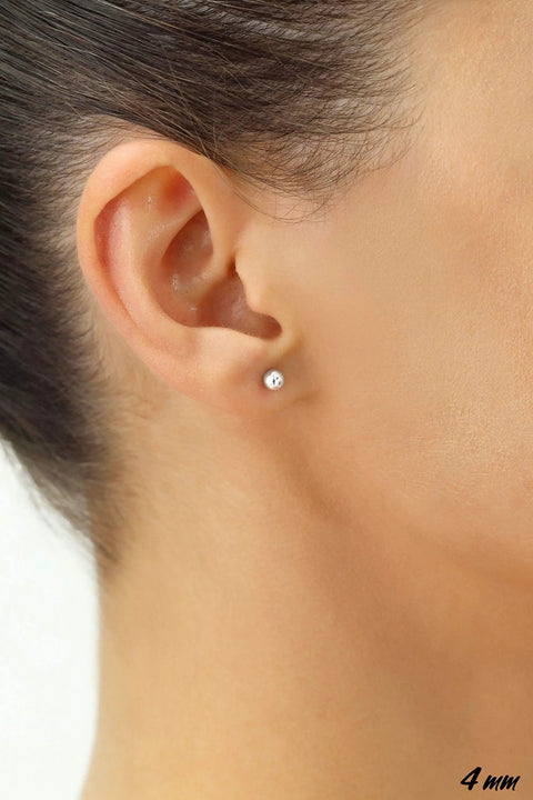 Shiny 14k White Gold Ball Stud Earrings With Secure Butterfly Pushbacks, 4mm Classic Round Studs, High Polish Finish, Everyday Sparkle Jewelry For Ears, Hypoallergenic Post And Backing on ear