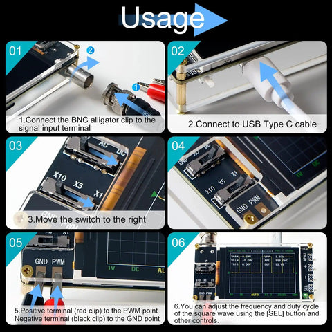 Image showing the usage steps of Pocket Sized Handheld Oscilloscope Kit With 2.4 Inch Color Screen And 1MSaS Real Time Sampling.