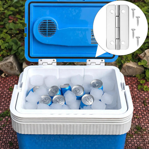 Two Sets Of Premium Stainless Steel Cooler Hinges And Screws For Ice Chests Beefy Heavy Duty Replacement Hardware Includes 2 Hinges And 8 Rust Resistant Screws For Quick Easy Install on a blue cooler with ice and drinks inside.
