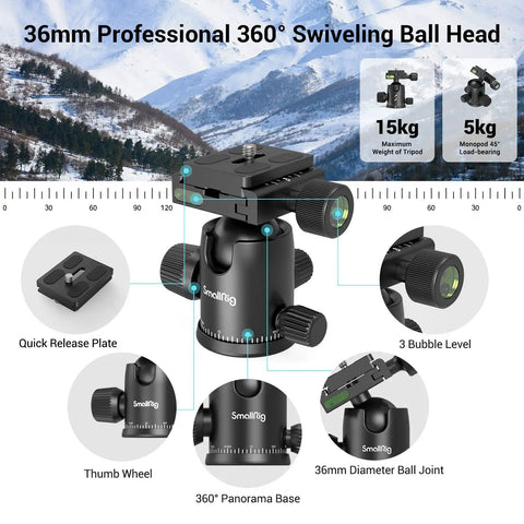 36mm ball head for Beast 71 Inch Foldable Aluminum Camera Tripod with detachable features and panorama base.