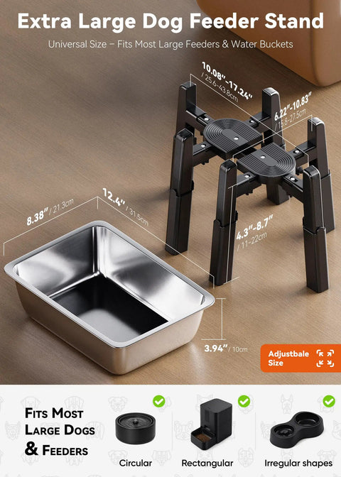 Pawfect Dog Water Dispenser Stand With A Massive 5 Liter Stainless Steel Bowl designed for large breed dogs, shown with adjustable stand and bowl.