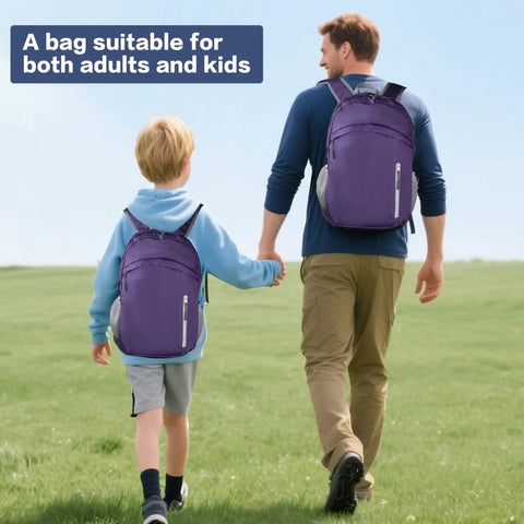 Father and son wearing Foldable Daypack 35L Lightweight Outdoor Backpack For Beach Trips And Travel, Dry Storage, Durable Purple