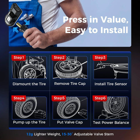 Programmable TPMS Sensor MX 315/433MHz For Cars And Light Trucks, Universal Coverage, Easy Setup, Cost-Effective Tire Pressure Monitoring Sensor For Shops And DIYers, 99 Percent Vehicle Compatibility. install guide with 12g valve stem