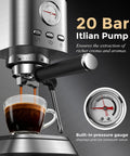 Zero Hassle Compact Espresso Maker With Milk Frother, 20 Bar Pump Delivers Quick Shots, 50 Ounce Tank brewing espresso with rich crema.