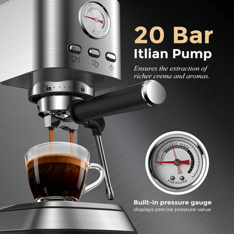 Zero Hassle Compact Espresso Maker With Milk Frother, 20 Bar Pump Delivers Quick Shots, 50 Ounce Tank brewing espresso with rich crema.