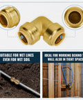 Push Pex Fittings Three Quarters Inch Set Featuring Five Couplings Elbows And Tee With Disconnect Clip Brass Push To Connect Plumbing Fittings For Pex Copper CPVC Quick Install Durable Brass Build Pack Of Twelve showing elbow fitting detail and usage scenarios
