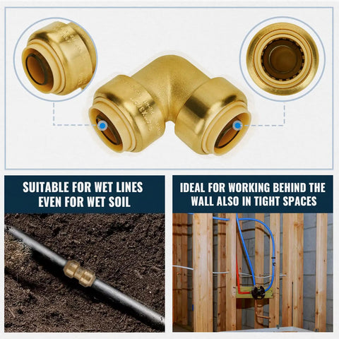 Push Pex Fittings Three Quarters Inch Set Featuring Five Couplings Elbows And Tee With Disconnect Clip Brass Push To Connect Plumbing Fittings For Pex Copper CPVC Quick Install Durable Brass Build Pack Of Twelve showing elbow fitting detail and usage scenarios
