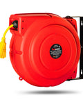 Retractable Extension Cord Reel 65 Foot 12 Gauge 3C SJT Heavy Duty Commercial Cable With Triple Tap Connector in red housing