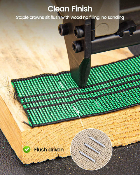 Workhorse 22 Gauge Galvanized Upholstery Staples With 3/8 Inch Crown And 3/16 Inch Leg Bulk Box Of 10020 Count used in flush finish on wood surface.