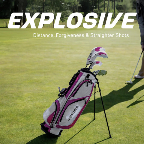 Women’s X1 Complete Golf Club Set With Driver Fairway Hybrid Irons Putter Stand Bag And Headcovers Graphite Shafts Right Handed Purple Petite Size Great For Travel And Practice On The Green Plug And Play Ready To Hit The Course shown on grass
