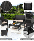 4 Piece Wicker Patio Furniture Set With Cushions, Outdoor Conversation Set With Loveseat, Two Chairs, And Glass Coffee Table