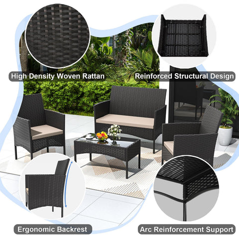 4 Piece Wicker Patio Furniture Set With Cushions, Outdoor Conversation Set With Loveseat, Two Chairs, And Glass Coffee Table