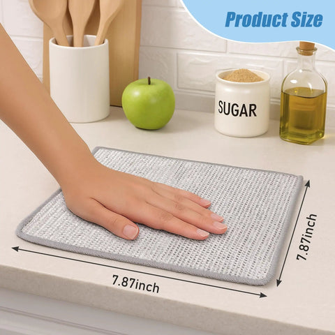 Heavy Duty Non Scratch Steel Wool Dishcloths And Scrubber Pads Kitchen Cleaning Set Featuring Slick Dual Texture Metallic Fiber Cloths 7.87 inch size on countertop.