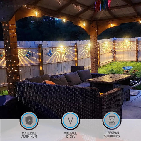 Unique Rays LED Low Voltage Deck Lights For Outdoor Living 12V illuminating fence with warm ambient glow, weatherproof bronze finish