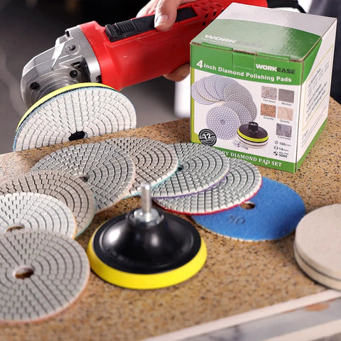 4 Inch Diamond Polishing Pads Kit With 5 8 11 Backer Pad 12 Pcs Wet Dry Granite Marble Concrete Quartz Polishing Pads Range 50 6000 Grit For Drill Grinder Polisher Pro Grade displayed with grinder on stone surface
