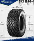 25x10-12 All Terrain ATV Tire with tread pattern and dimensions for sand and hilly lawns, tubeless 6PR, off-road use