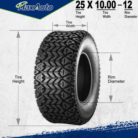 25x10-12 All Terrain ATV Tire with tread pattern and dimensions for sand and hilly lawns, tubeless 6PR, off-road use