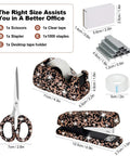 Glitter Black Bling Office Set 3 Piece With Heavy Duty Stapler 1000 Staples Tape Dispenser And Scissors Sparkly Aesthetic Desk Accessories For Women Luxury Stationery Gift Kit, showing scissors, tape dispenser, stapler, staples, tape and measurements.