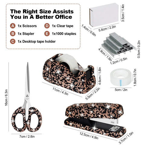 Glitter Black Bling Office Set 3 Piece With Heavy Duty Stapler 1000 Staples Tape Dispenser And Scissors Sparkly Aesthetic Desk Accessories For Women Luxury Stationery Gift Kit, showing scissors, tape dispenser, stapler, staples, tape and measurements.