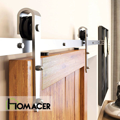 Brushed Nickel Non Bypass Sliding Barn Door Hardware Kit For Two Doors With 7ft Flat Track And Arrow Design Rollers installed